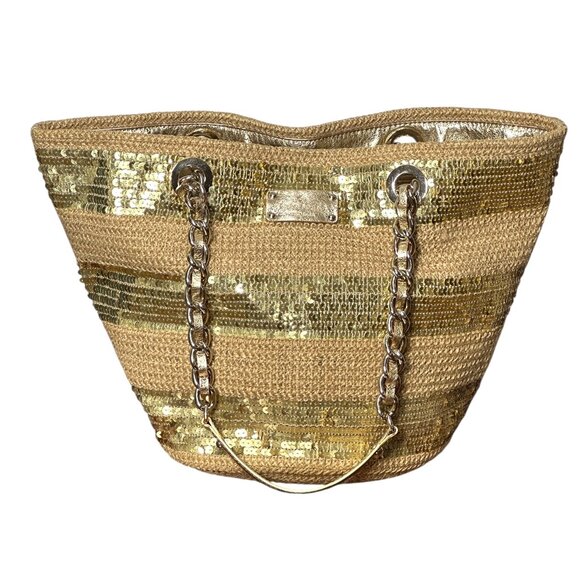 Kate Spade woven tote bag with gold sequins and gold leather and chain handles - Picture 3 of 10
